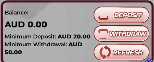 Auwin balance card: Balance AUD 0.00, Minimum Deposit AUD 20.00, Minimum Withdrawal AUD 50.00, Deposit, Withdraw and Refresh buttons