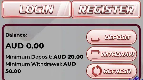 Auwin lobby logged out: LOGIN and REGISTER tiles above the balance card with minimum deposit AUD 20 and minimum withdrawal AUD 50