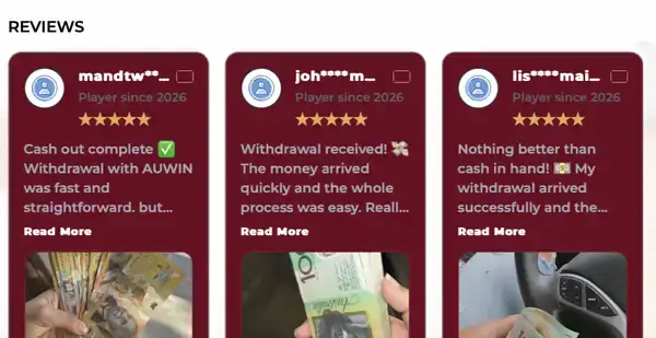Auwin lobby reviews block with three five-star cards about withdrawals