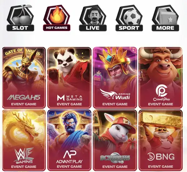 Auwin Hot Games tab with nine EVENT GAME tiles
