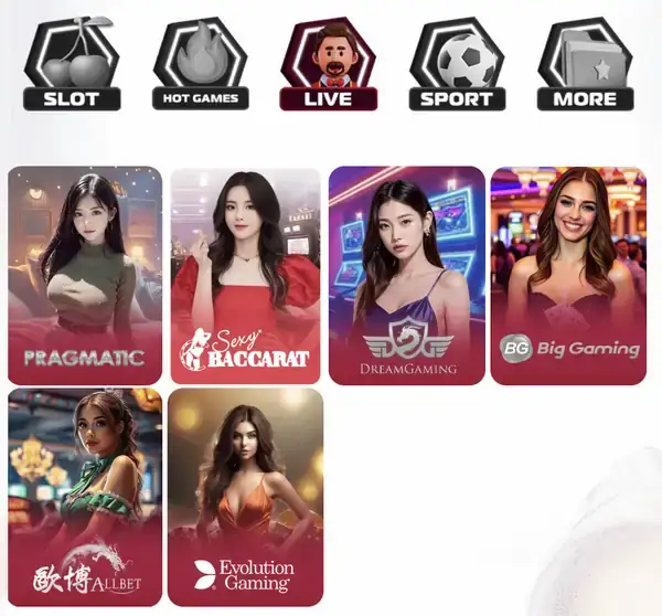 Auwin Live tab: Pragmatic, Sexy Baccarat, DreamGaming, Big Gaming, Allbet, Evolution Gaming